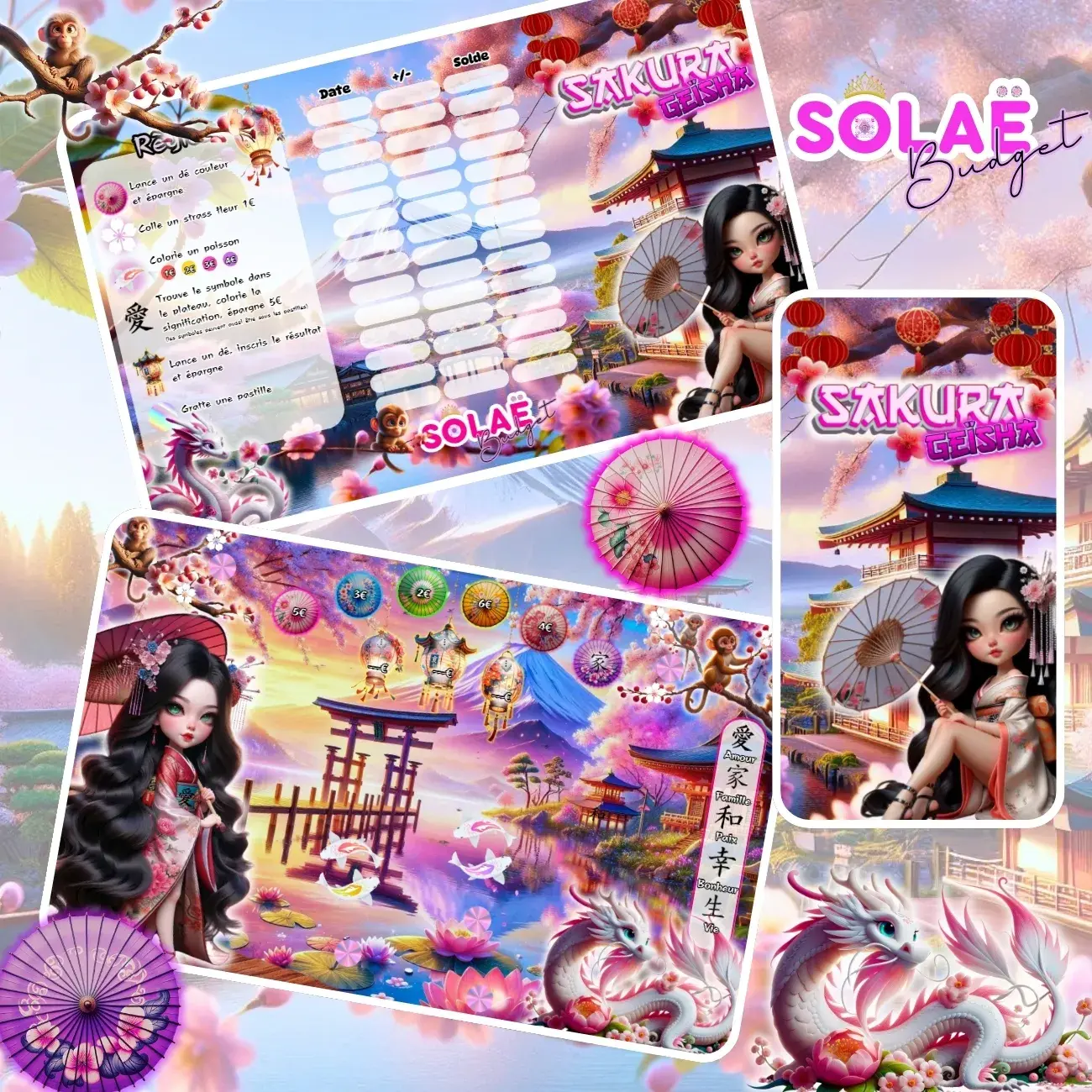 Sakura, Solaë Budget, beautiful woman, dragon, Japanese gate, cherry blossoms, colorful scene.