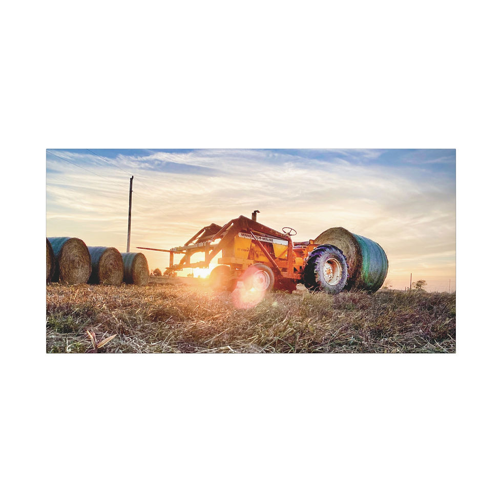 Thumbnail: Rustic Farm Tractor Canvas Print — Sunset Hay Bales Wall Art (Matte Stretched)