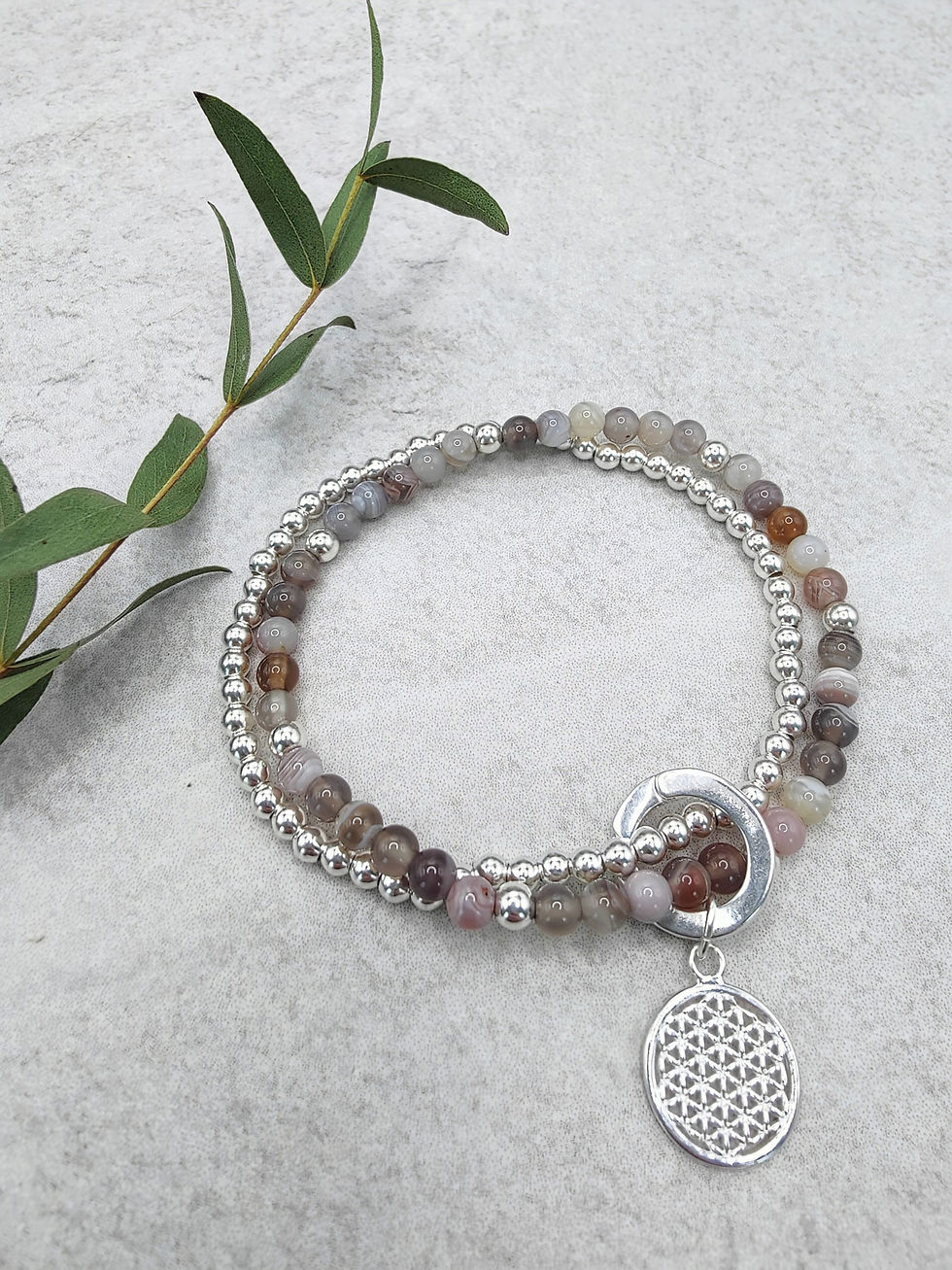 Bella | Botswana Achat Armband, 2-fach, mit Lebensblume Anhänger