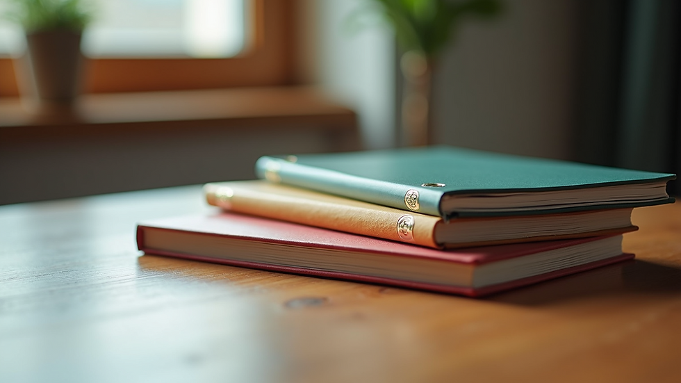 Eye-level view of a neatly arranged stack of colorful journals on a wooden desk