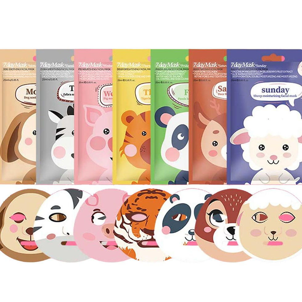 Miniatura: Máscaras de folha de personagem animal de 7 pacotes, máscaras faciais brilhantes