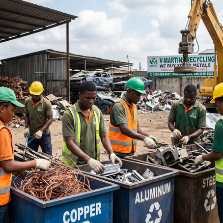     Workers sorting recyclable materials at a Lagos scrapyard, emphasizing organized metal recycling efforts.