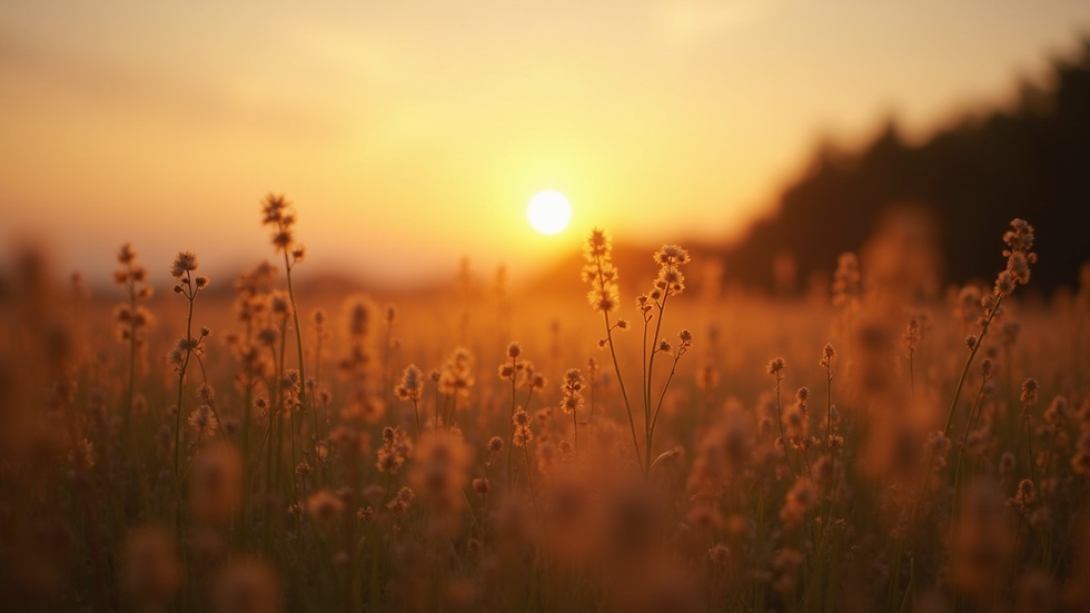 Close-up view of a serene landscape with a sunrise