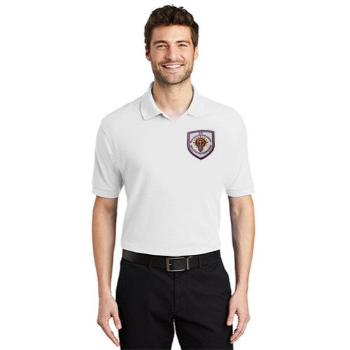 Front view of Habakkuk Christian Private School Adult Unisex Short Sleeve Logo Polo in white