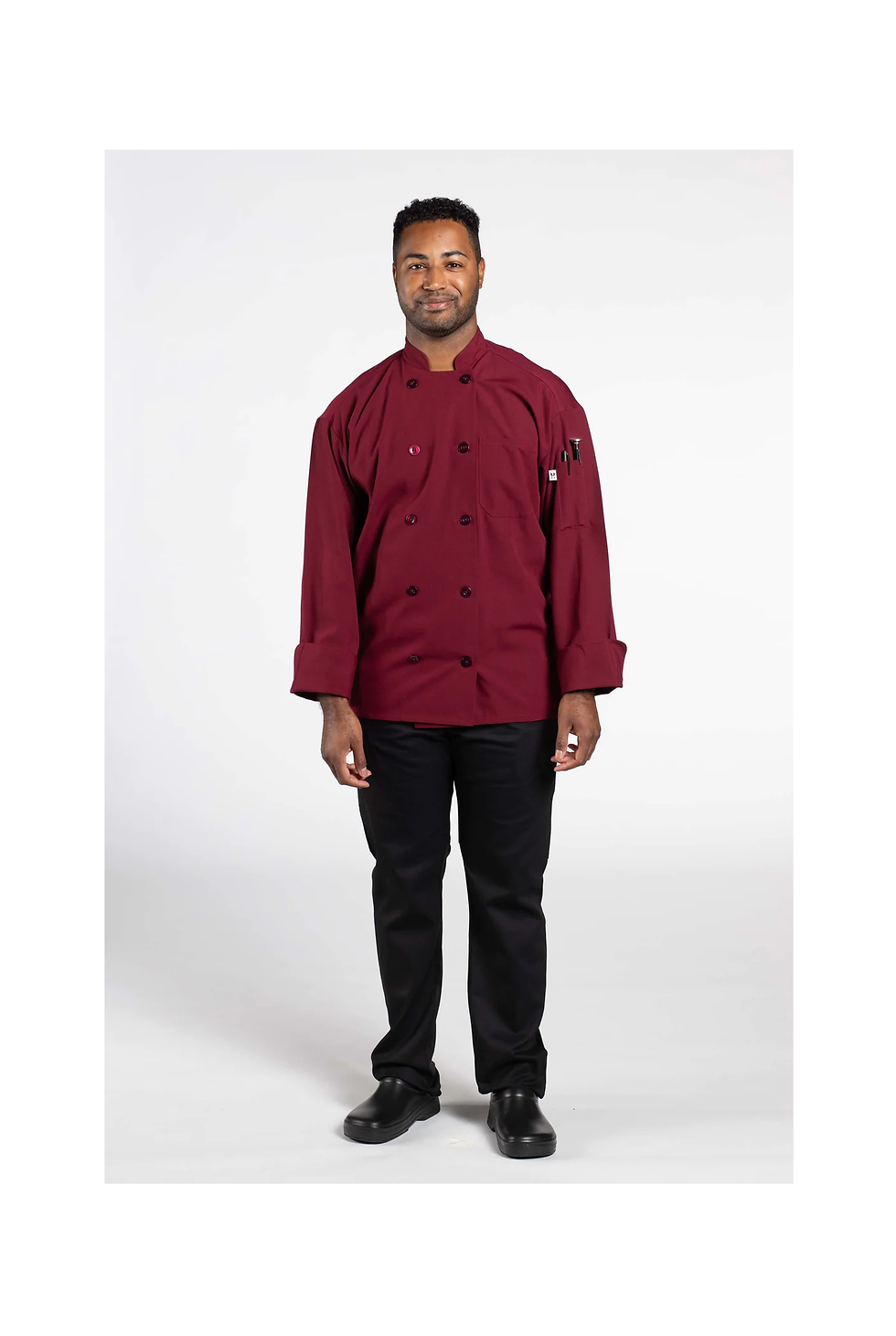 Thumbnail: Front view of Classic Poplin Chef Coat With Mesh in burgundy