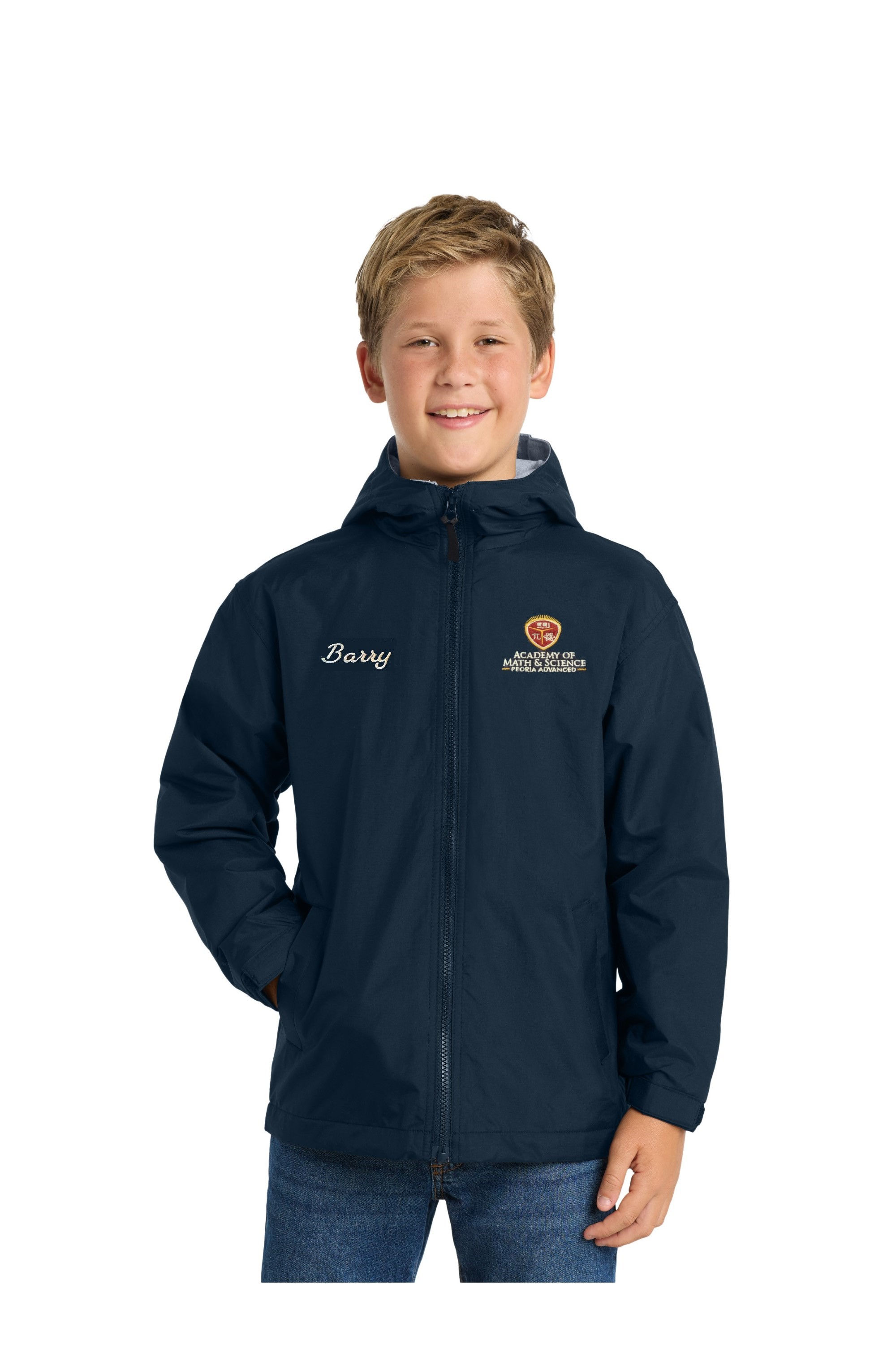 Kids' Hooded Jacket--Navy Name Academy of Math and Science Logo