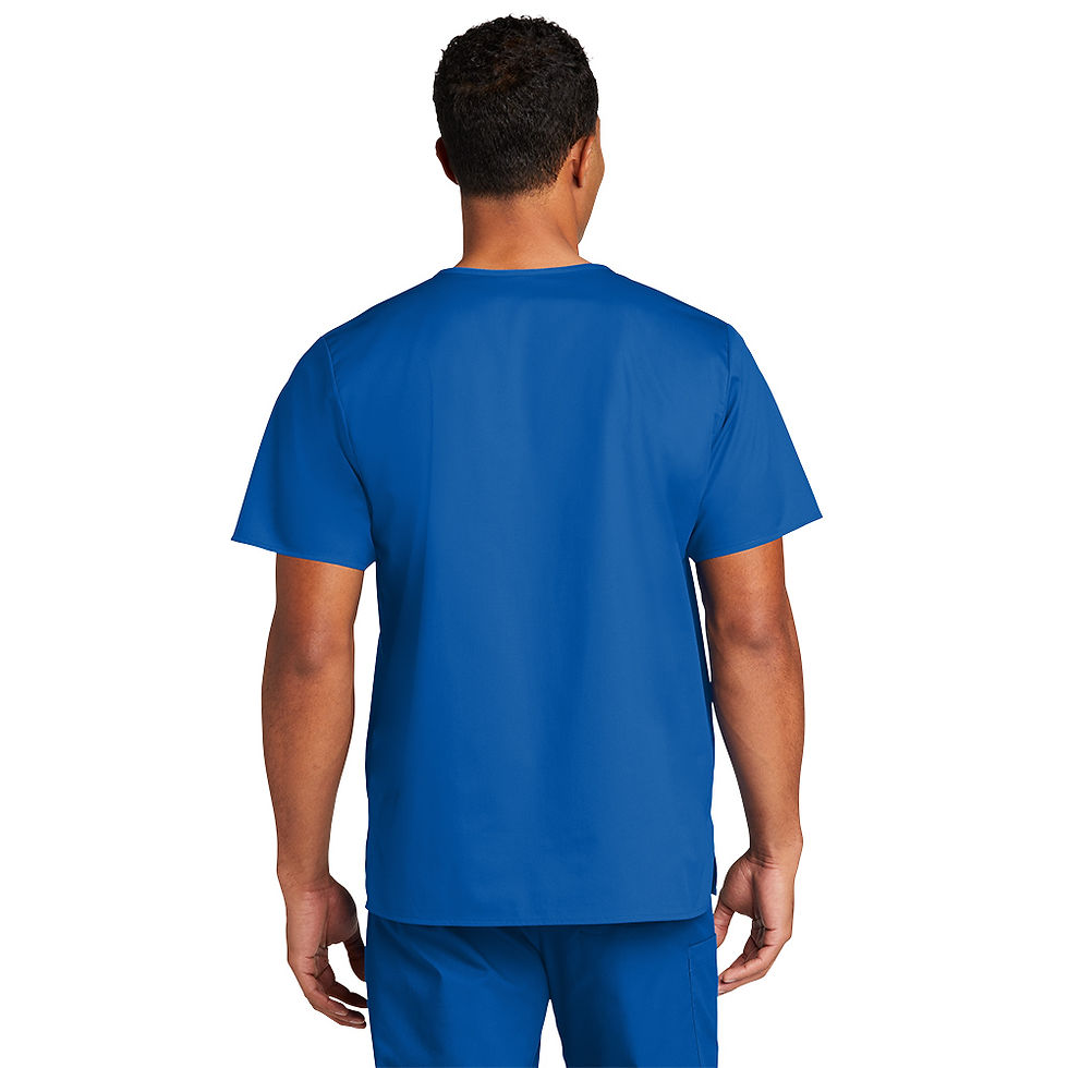 Back view of Unisex  Workflex V-Neck One Pocket Scrub Top in royal