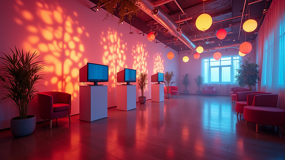 Wide angle view of a decorated party room with VR stations