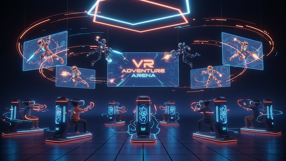 Wide angle view of a spacious room arranged for a kids VR party with VR stations