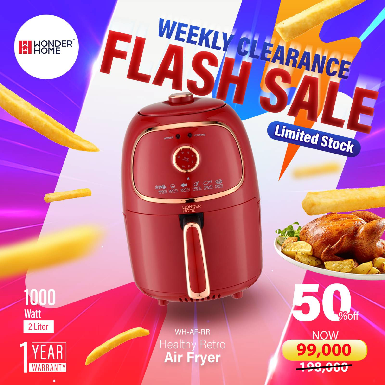 Clearance Flash Sale Healthy Retro Airfryer 2L Red