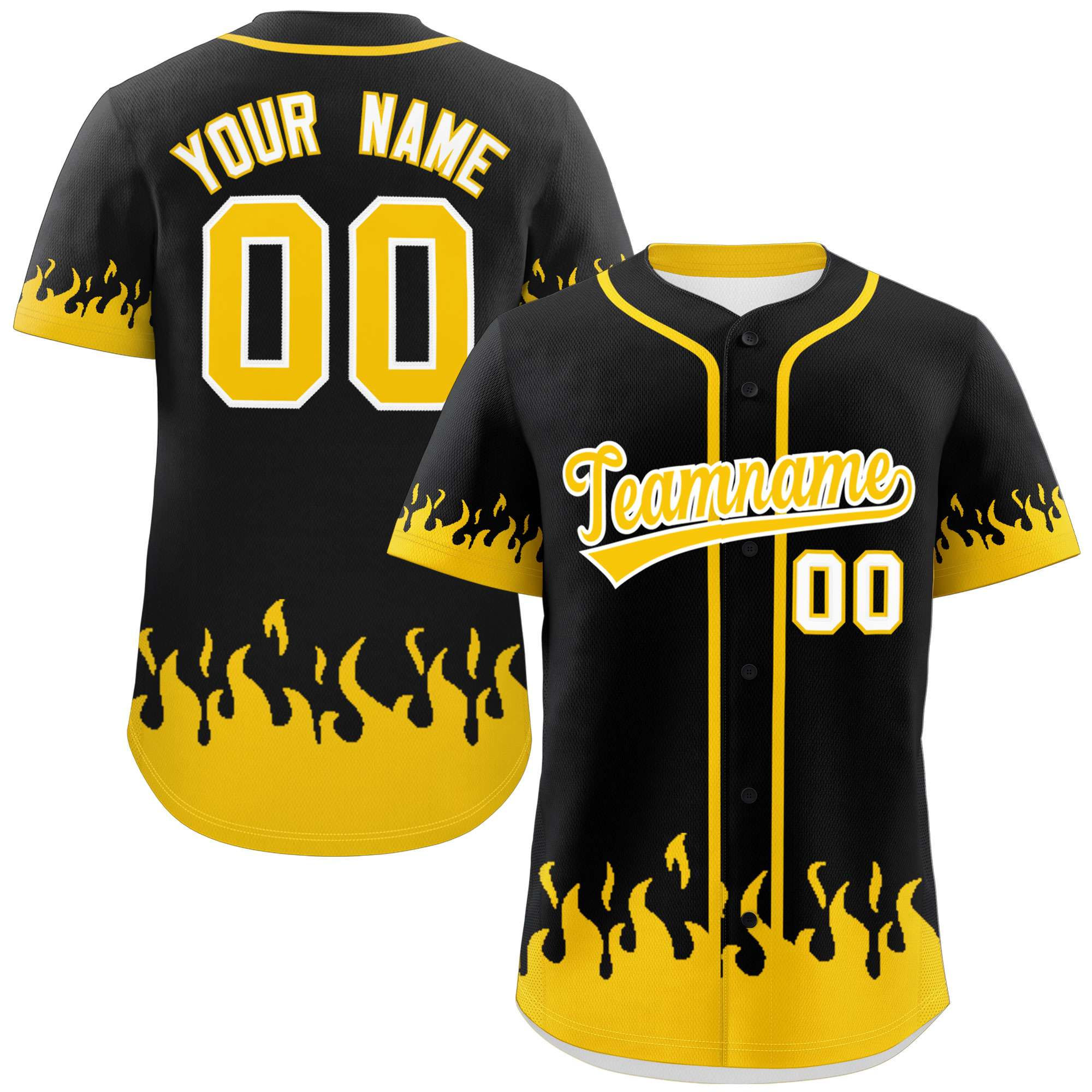 Custom Black Gold Personalized Flame Graffiti Pattern Baseball Jersey