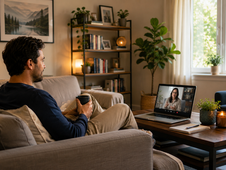 Man sitting comfortably at home with his laptop for an online therapy session.