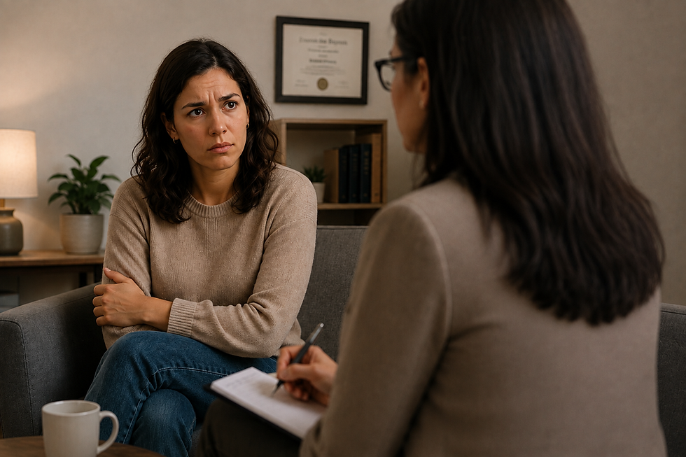 Client looking uneasy during a therapy session.