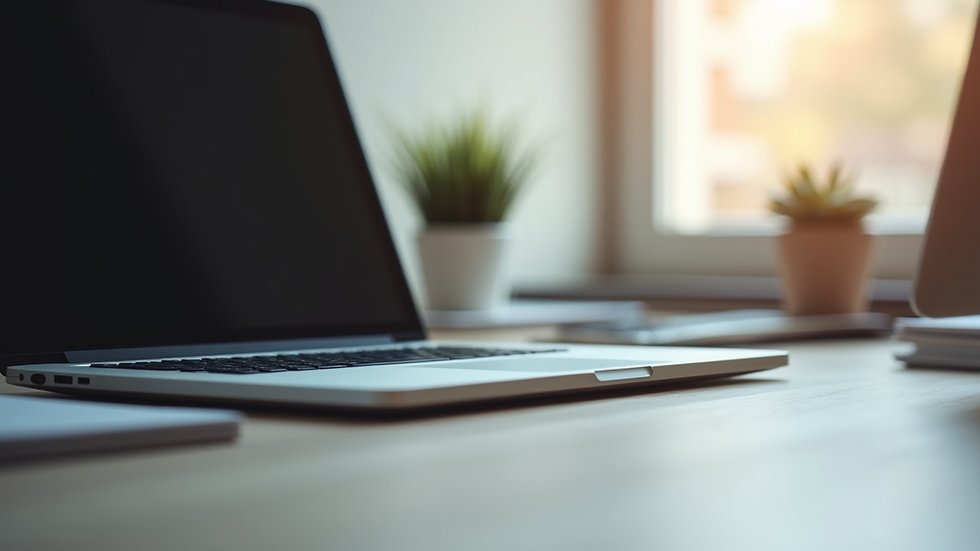 Eye-level view of a laptop on a desk with a calm home office setup