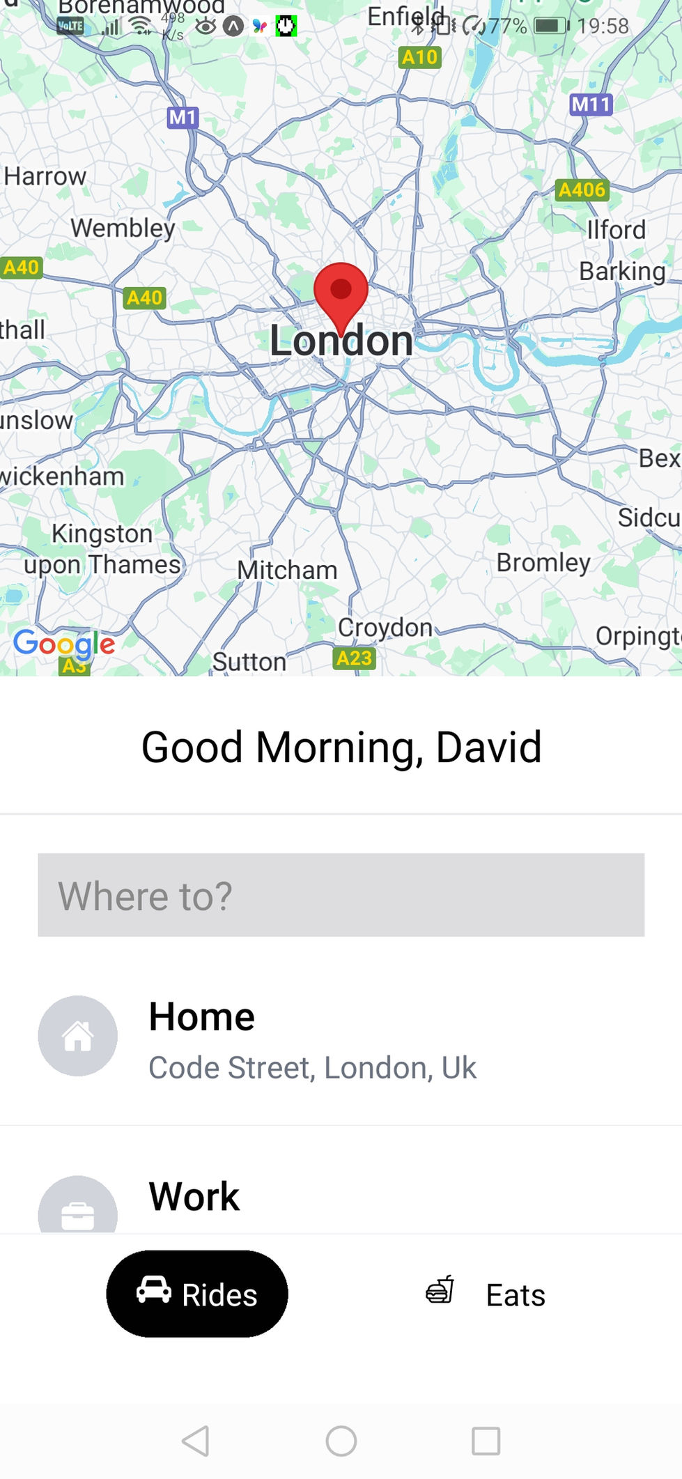 Uber Clone Screenshot for selecting destination "Where to?"Image displays a google map with marker of pick-up location and a destination input box including Google places autocomplete below.