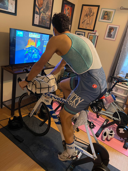 Chris checks the Zwift training screen while on his Cervello bike attached to the Wahoo KickR Core Zwift trainer.
