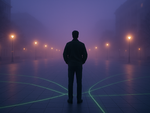 At twilight, a person stands in an open urban square, surrounded by soft fog and the glow of path lights. Several paths appear etched faintly on the ground in green — but they fade into the mist. The figure is relaxed, hands in pockets, looking ahead without tension. Around them, the quiet pulse of a city settling down. A cinematic shot of poise in the unknown.