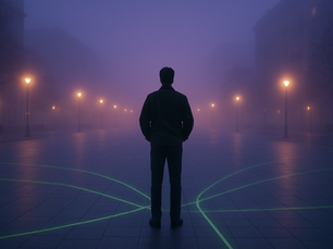 At twilight, a person stands in an open urban square, surrounded by soft fog and the glow of path lights. Several paths appear etched faintly on the ground in green — but they fade into the mist. The figure is relaxed, hands in pockets, looking ahead without tension. Around them, the quiet pulse of a city settling down. A cinematic shot of poise in the unknown.