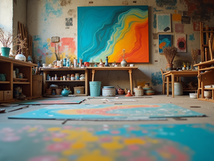 An artist’s studio filled with vibrant abstract paintings, pottery, and creative tools. A large canvas with swirling blue, yellow, and orange patterns hangs on the wall, surrounded by shelves of brushes, jars, and art supplies.