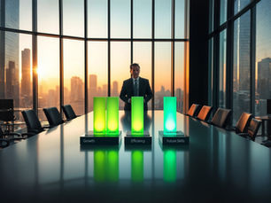 Businessman stands by three glowing charts labeled Growth, Efficiency, Transformation in a modern boardroom at sunset, city skyline view.