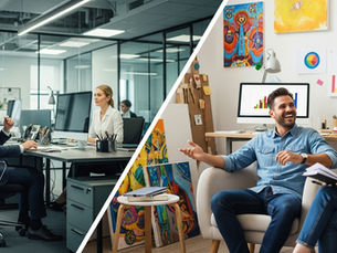 Split-screen showing a professional adapting communication style between a formal corporate office and a creative studio environment — representing contextual intelligence and workplace adaptability.