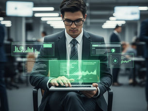 Businessman in glasses using a laptop, surrounded by floating green data graphs in a busy office. Monitors and coworkers in background.