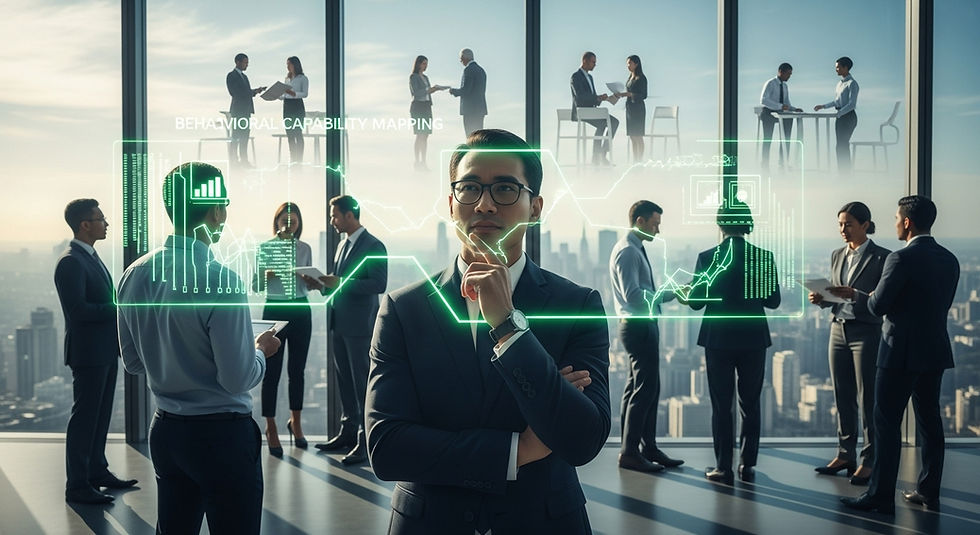Businesspeople in suits analyzing digital charts labeled "Behavioral Capability Mapping" in a bright office with city skyline. Professional mood.