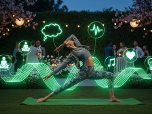 Woman in yoga pose on green mat with glowing icons around her. Evening garden party setting, lanterns, and people in background.