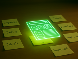 A warm-toned tabletop scene with handwritten sticky notes arranged in a circular pattern, each labeled with stages of the design thinking process: Empathize, Define, Ideate, Prototype, and Implement. At the center, a glowing green (#00e200) holographic interface hovers above one of the notes, representing a wireframe or digital layout. The light from the interface softly illuminates the surrounding notes and wood surface, creating a cinematic, focused atmosphere.