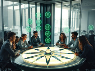People in business attire sit around a glowing circular table, discussing. Green holographic icons float nearby in a modern office setting.