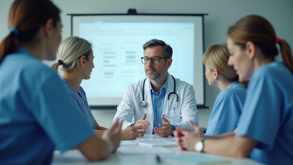 Eye-level view of a healthcare training session with participants engaged in learning