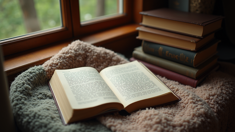 High angle view of a cozy reading nook with books and a blanket