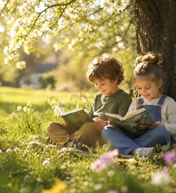 Reading together outside during spring
