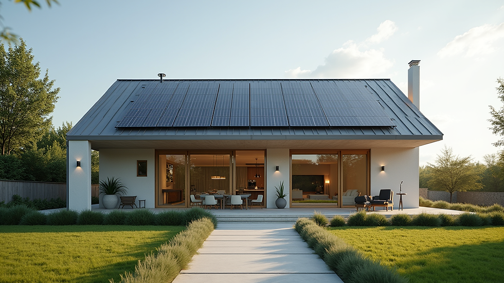 Eye-level view of a modern house exterior with solar panels