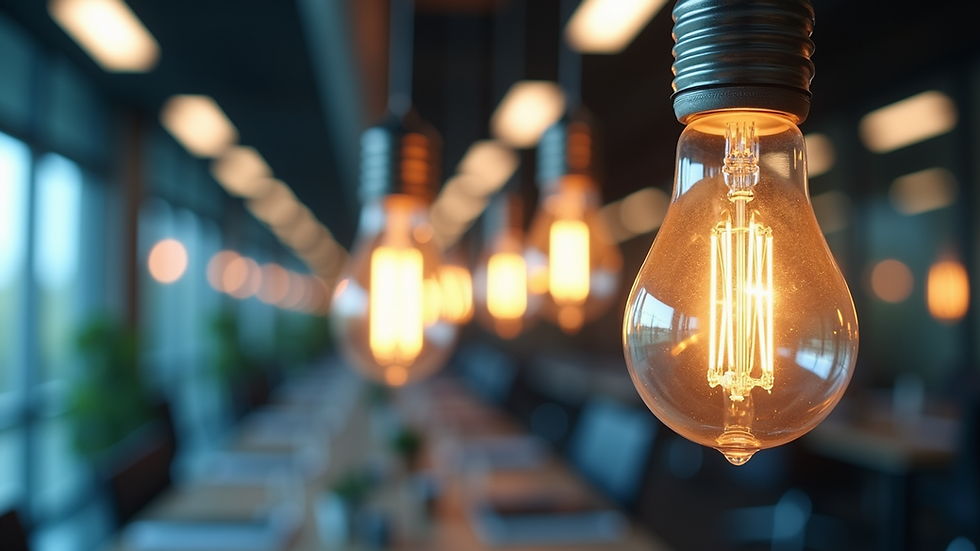 Close-up view of energy-efficient LED light bulbs in a commercial office