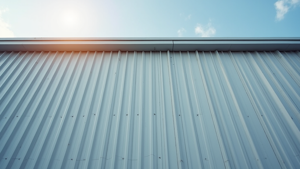 Eye-level view of metal building exterior showing clean panels and roof