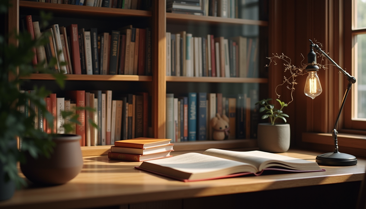 Eye-level view of a cozy study nook with soft lighting and books arranged neatly