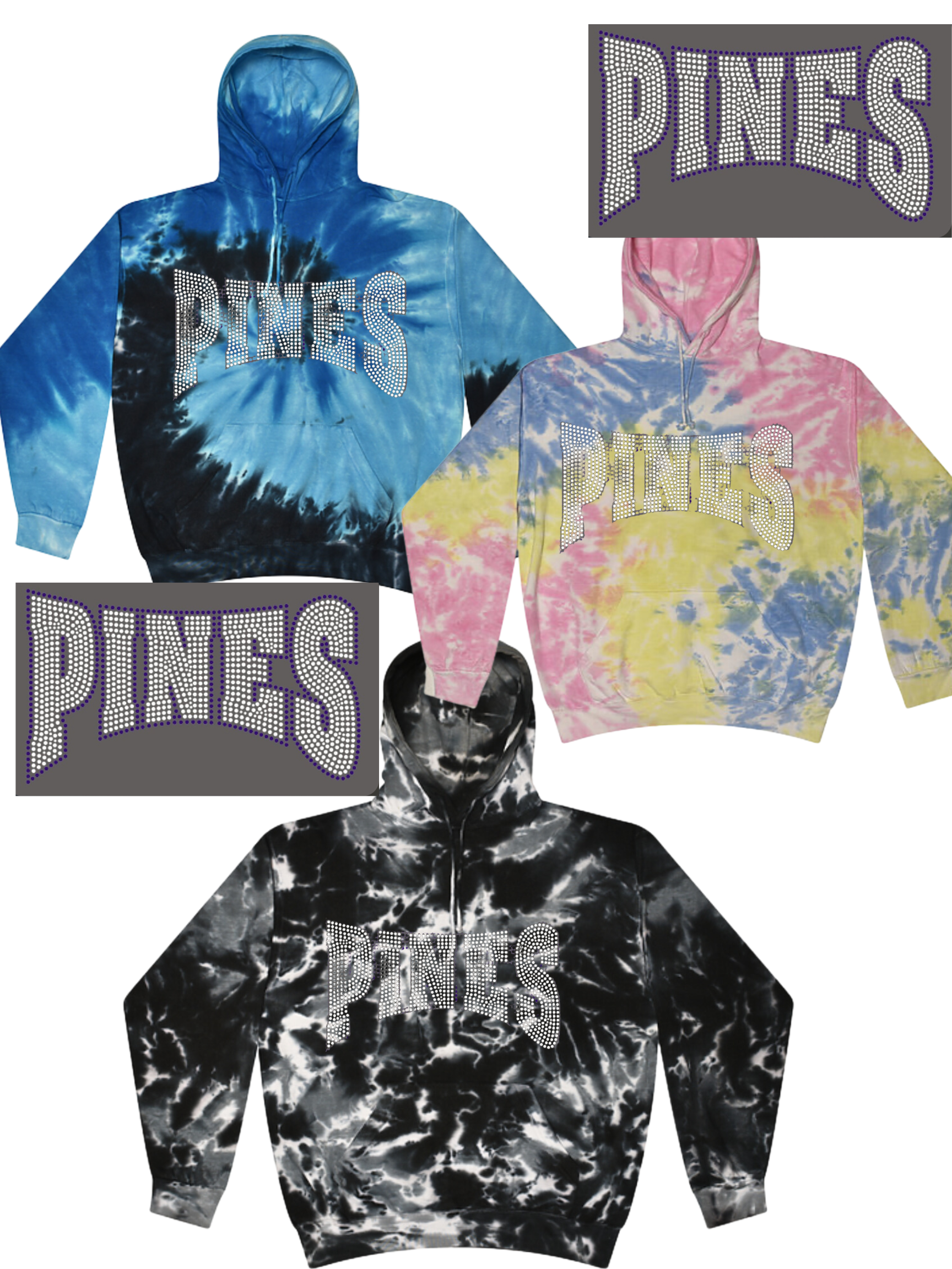 Pines Curved RhinestoneTie Dye Hoodies