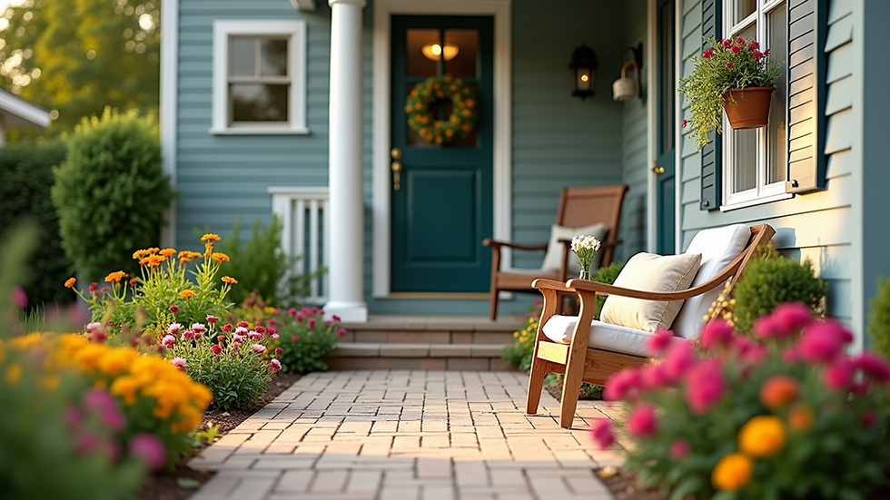 Eye-level view of a charming front porch with colorful flowers and inviting seating