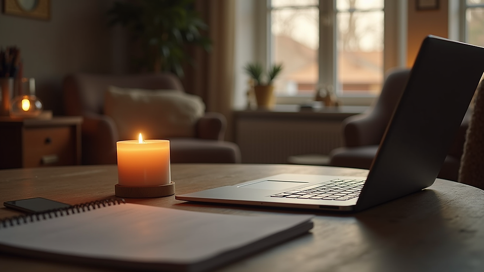 Eye-level view of a cozy home office with a laptop and a candle