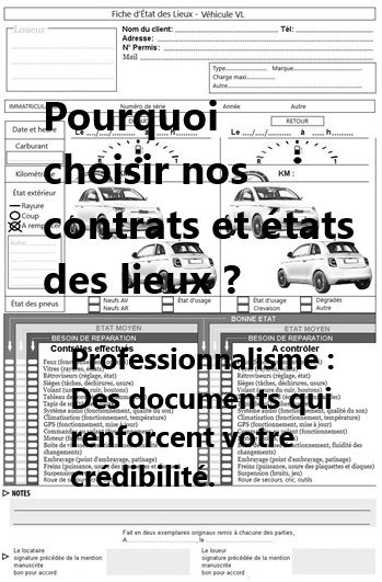 Des documents qui renforcent votre crédibilité.Nos contrats de location incluent : Une identification claire des parties (loueur et locataire). Une description détaillée du véhicule (marque, modèle, caractéristiques, équipements). La durée de la location, le kilométrage autorisé et les modalités de paiement. Les conditions d'utilisation, les responsabilités et les assurances. Les conditions d'annulation, de restitution du véhicule et de gestion des litiges.