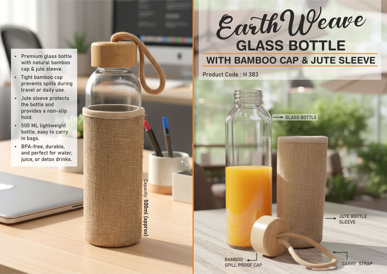 PP-H383( Glass Bottle with Bamboo Cap & Jute Sleeve )