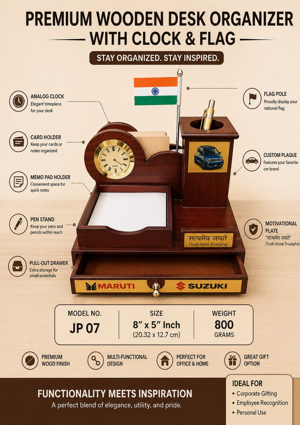 Premium Wooden Desk Organizer With Clock & Flag (JK700826-JP07)