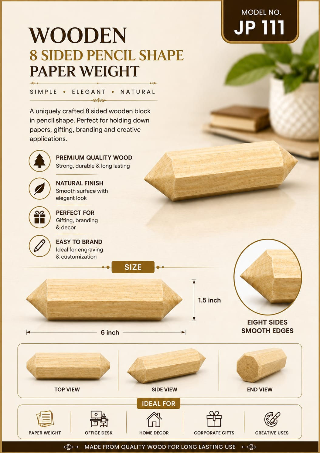 Wooden 8 Sided Pencil Shape Paper Weight (JK700826-JP111)