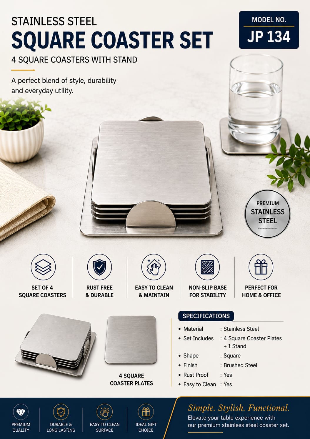 Stainless Steel Square Coaster Set (JK700826-JP134)