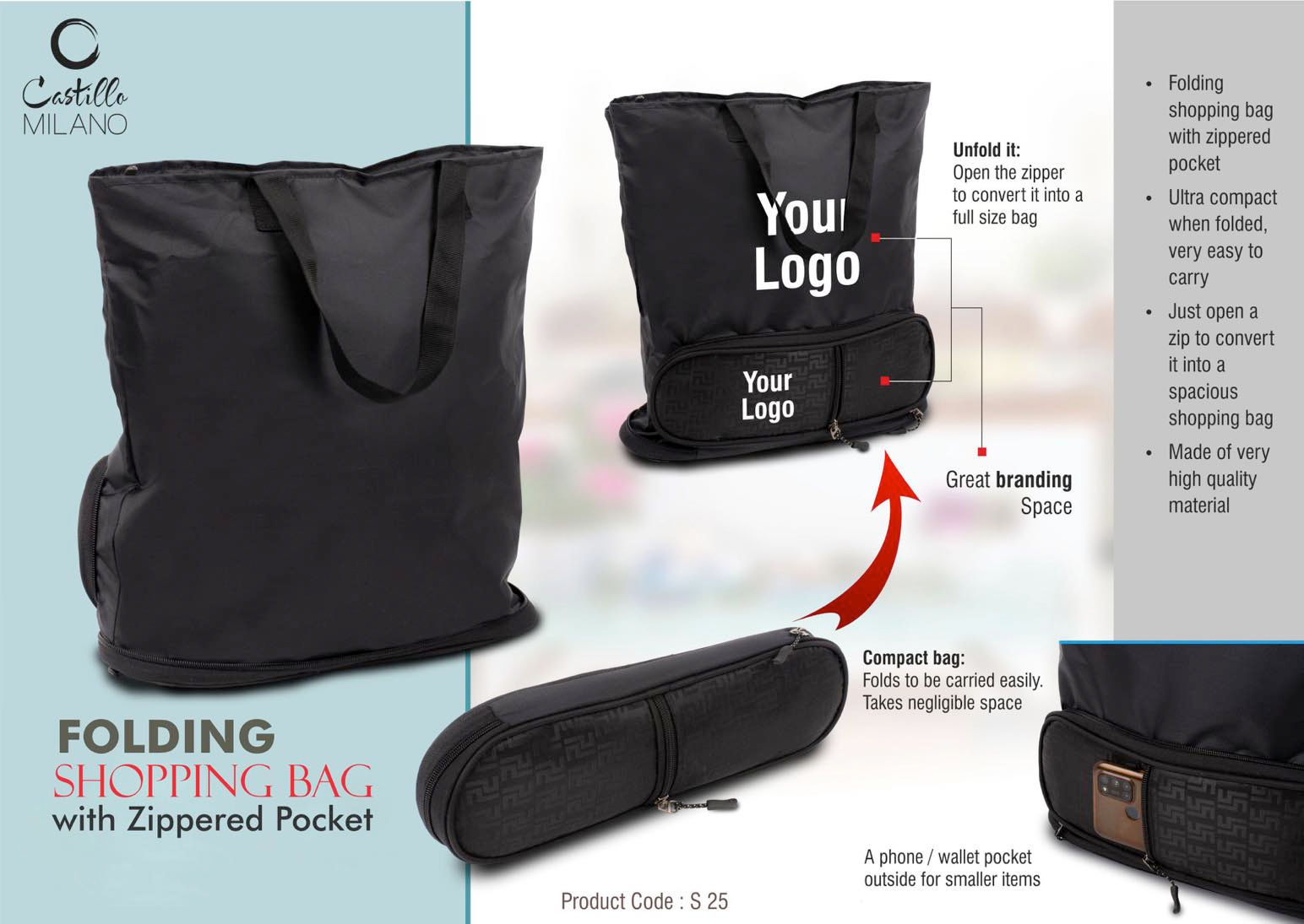 PP-S25- Folding shopping bag with Zippered pockeT