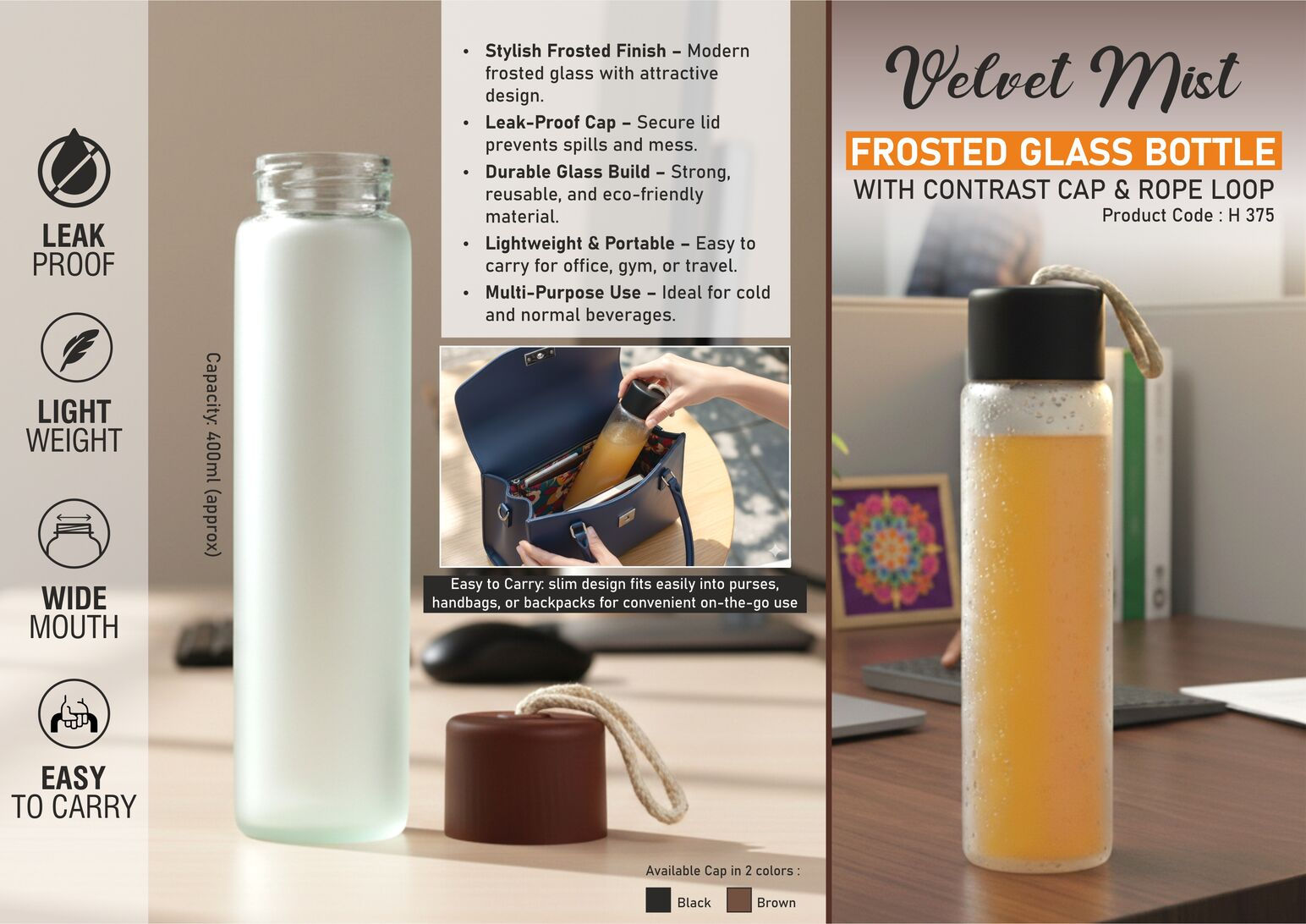 PP-H375(  Frosted Glass Bottle with Contrast Cap & Rope Loop)