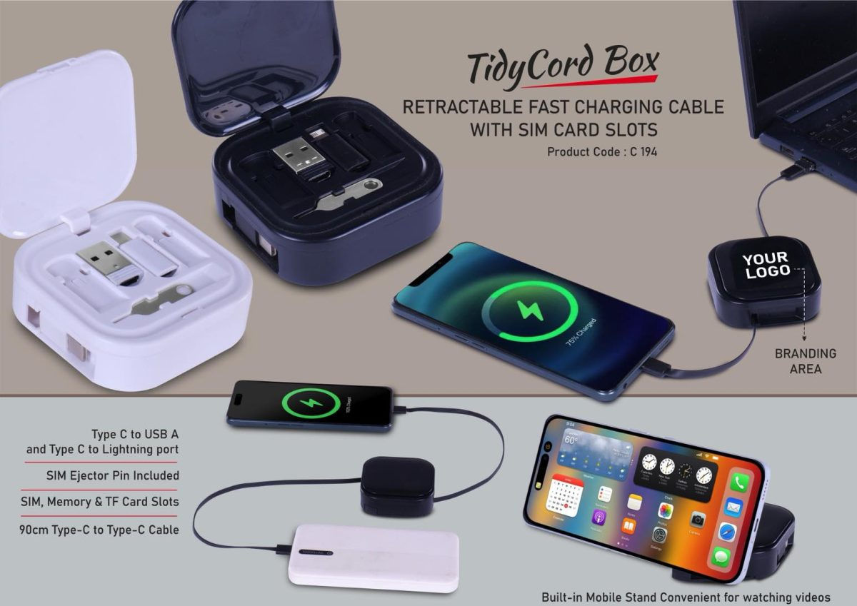 PP-C194 | TidyCord Box: Retractable Fast Charging cable with Sim card slots