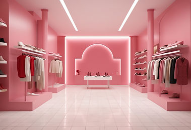 “Modern women’s fashion boutique interior with a pink color theme, featuring neatly arranged clothing and shoes on shelves"