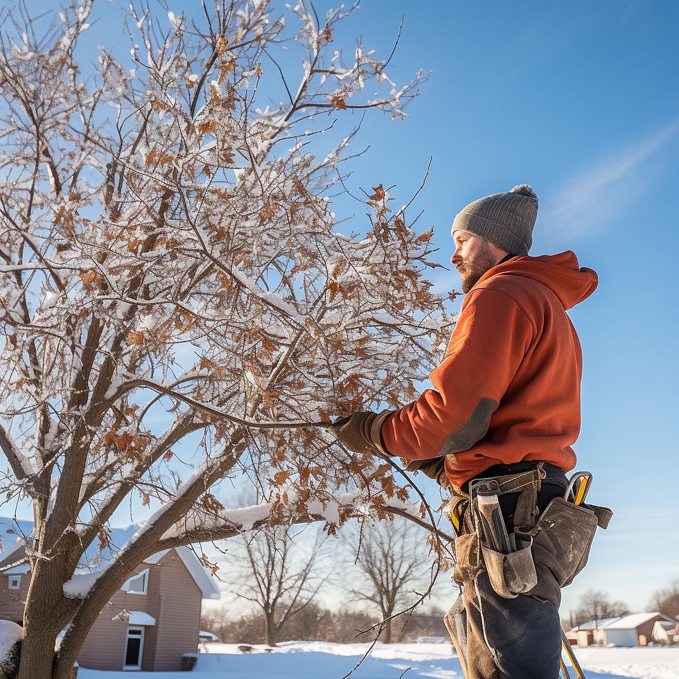 Man pruning a tree in the snow.